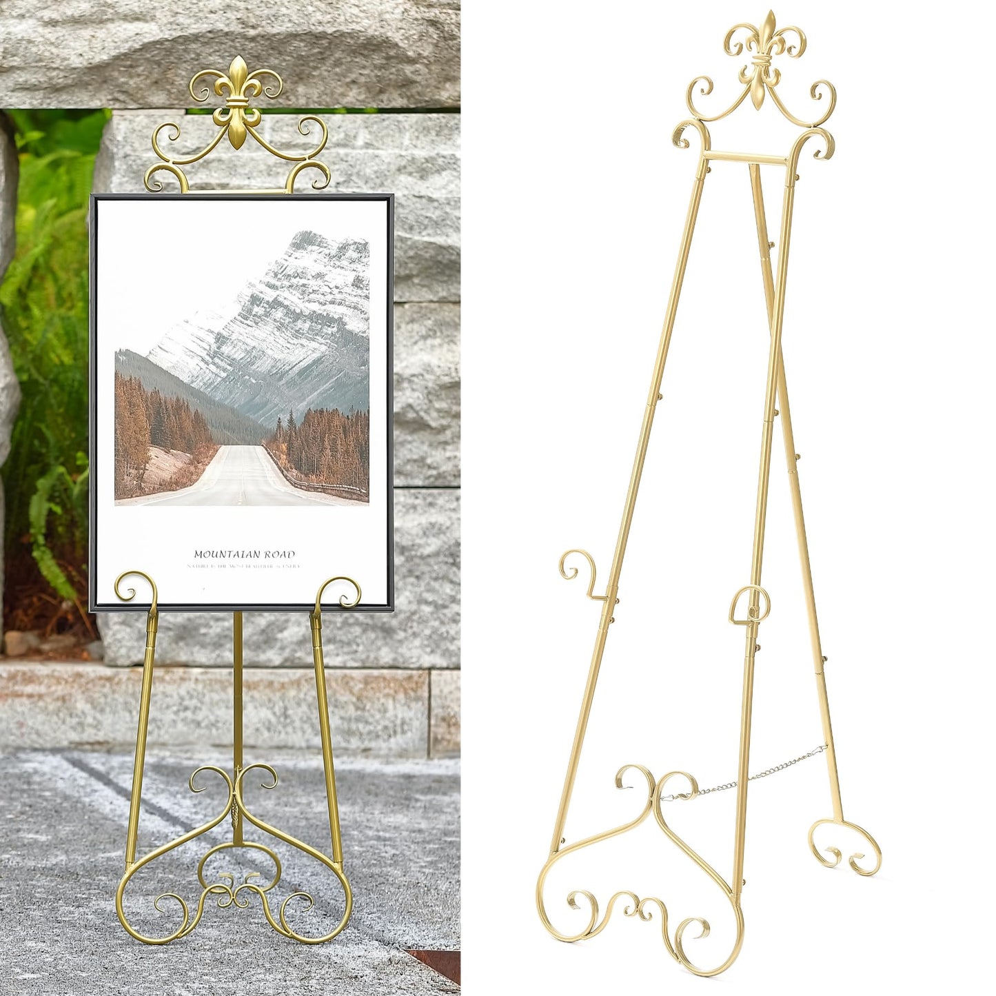 CaliDecor 60” H Gold Easel Stand for Sign, Large Adjustable Metal Display Standing for Displaying Pictures Wedding Poster Holder Showcasing with Chain Support