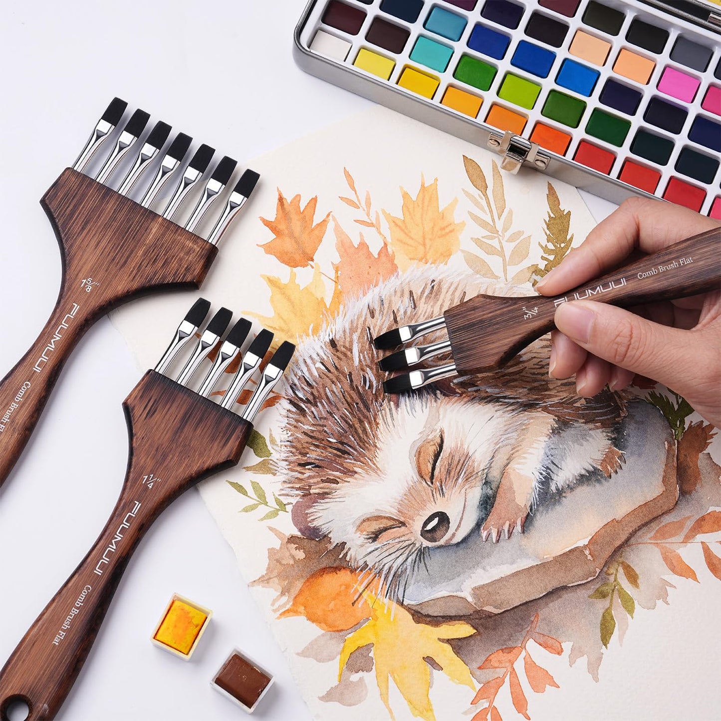 Fuumuui Grainer Brush Set - 3Pcs Professional Multi-Tooth Brushes, Flat Head Comb Brush Set Designed for Textures and Special Effects for Acrylic Painting, Oil & Watercolor, Short Handle