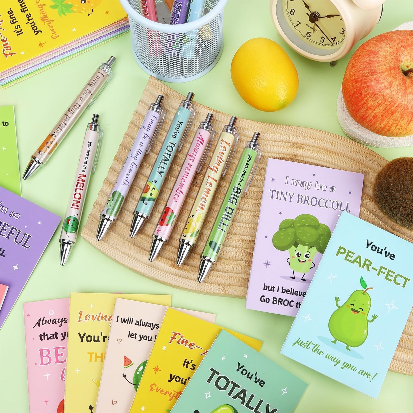 24 Sets Inspirational Mini Notebook with Pens Bulk Motivational Pocket Notepad with Cute Fruit Vegetable Pun Design Positive Gifts Employee Appreciation Gifts for Coworker Volunteer Teacher Students