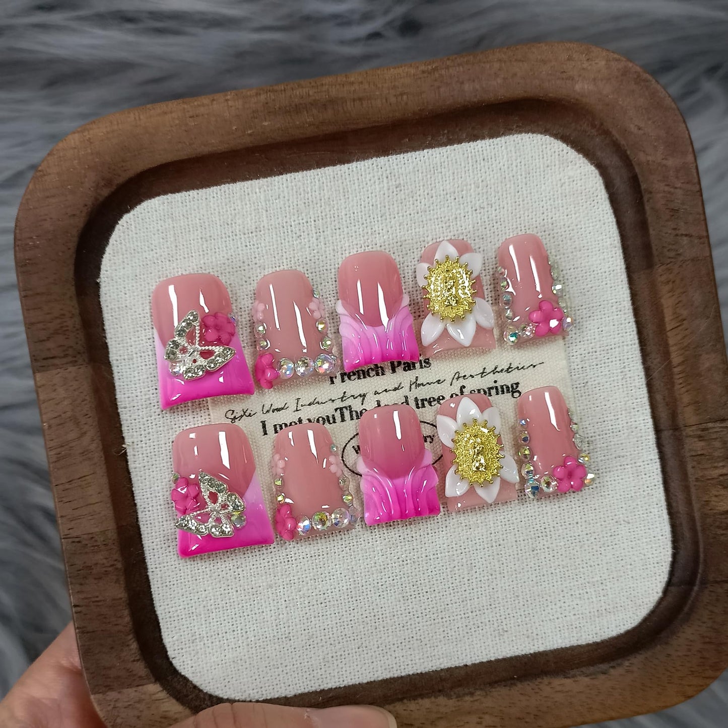 TENPAL Duckbill Press on Nails,Glossy Pink French Tip Fake Nails with 3D Butterfly & Rhinestone Design,10PCS Glitter False Nails for Everyday Wear Party Vacation Work,Duck Shape Glue on Nails(L)