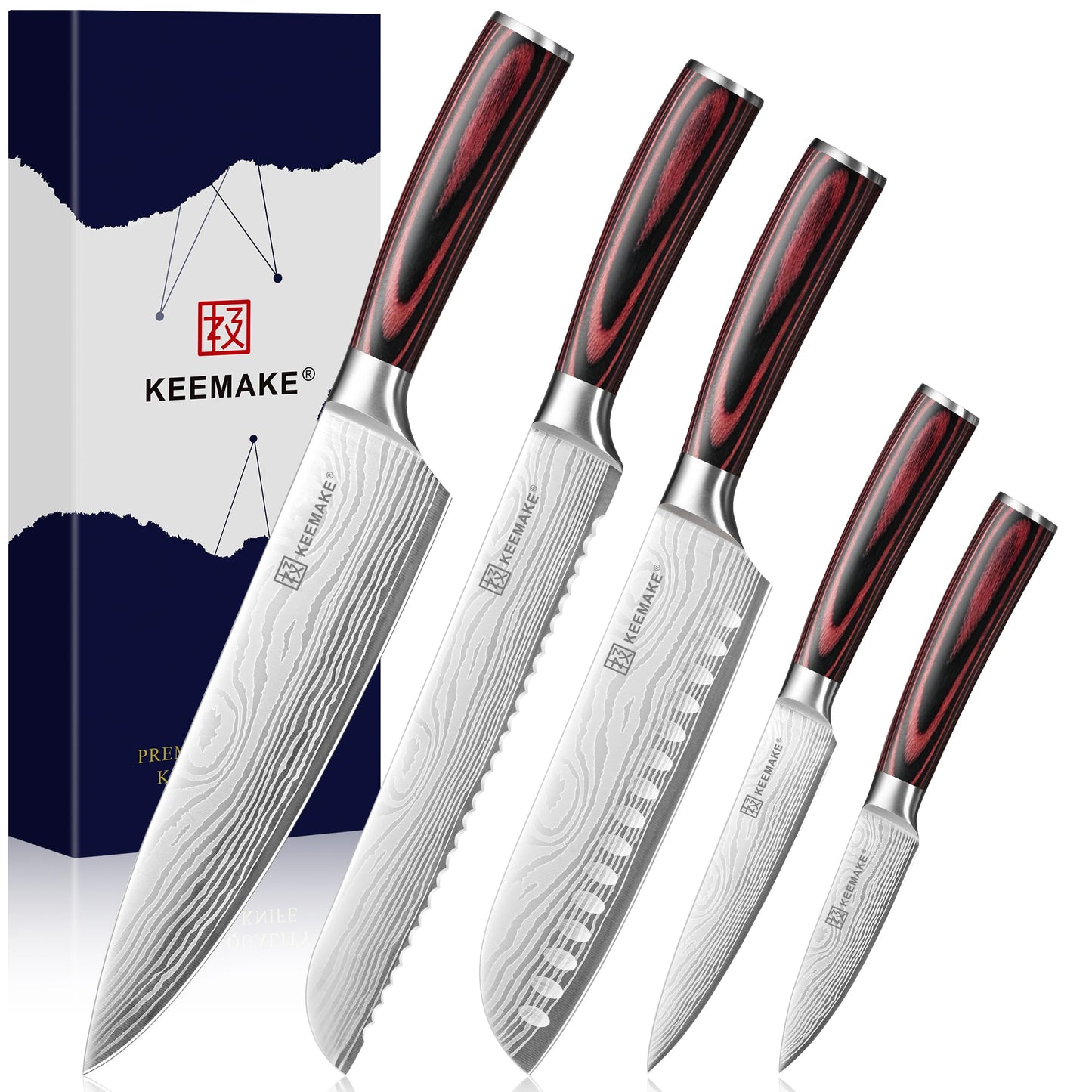 KEEMAKE Knife Set 5 Pieces, Professional Kitchen Knife Set, High Carbon Stainless Steel Chef Knife Set, Ultra Sharp Blade Knives Set for Kitchen with Ergonomic Pakkawood Handle & Gift Box