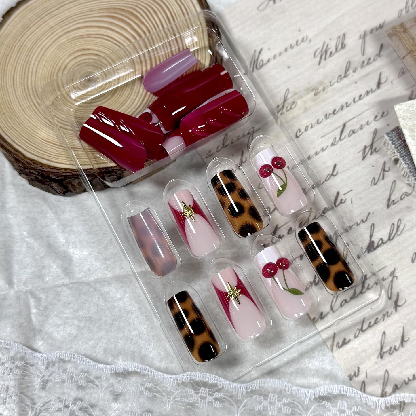 IMRAIN Press on Nails Long Square Fake Nails with 3D Cherry, Leopard Print Designs Glue on Nails Brown Red Acrylic False Nails for Women