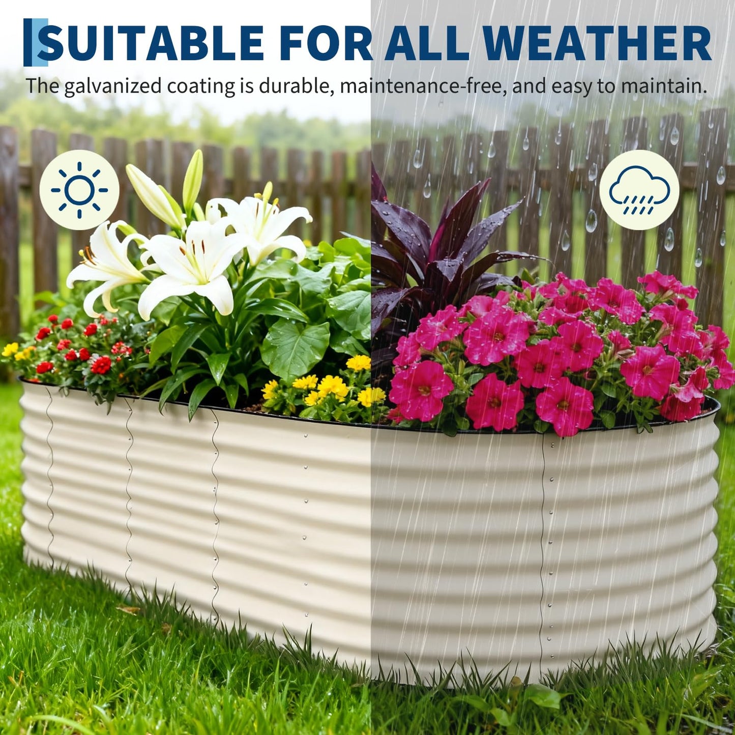 Garvee 10x4x1.5ft Galvanized Raised Garden Bed, Oval Metal Planter Box with Anti-Cut Safety Edges, 449 Gallons Rust-Resistant Deep Root Planter for Outdoor Vegetables, Flowers, Herbs, Beige