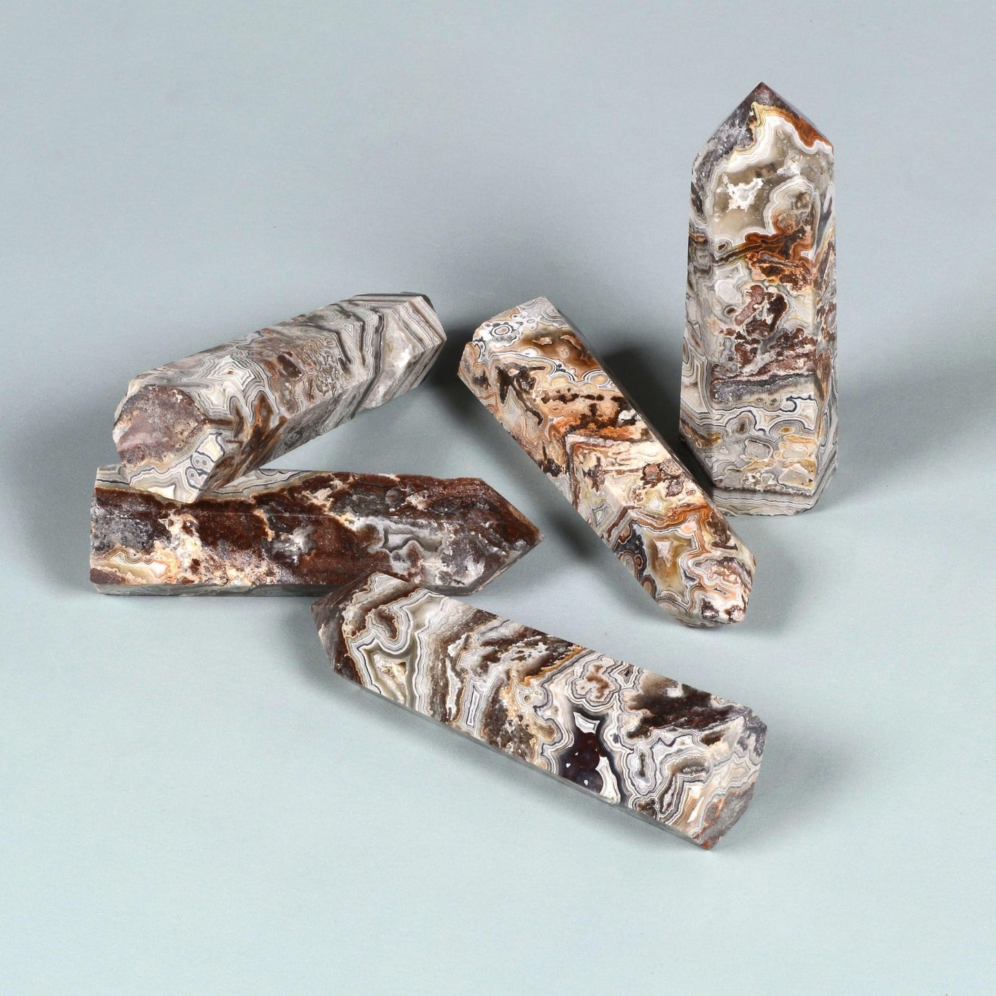Large Mexico Crazy Lace Agate Gemstone Crystal Pointed Hexagonal Tower Reiki Chakra Faceted Prism Wand Stone Home Decor