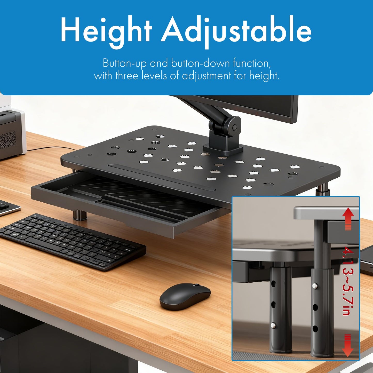 Monitor Stand Riser with Drawer - Adjustable Height (10.5-14.5cm) 3 Gears, Carbon Steel Desk Organizer for Computer/Laptop, Ventilated, Multi-Layer Storage for Office Home，pc stand (Black)