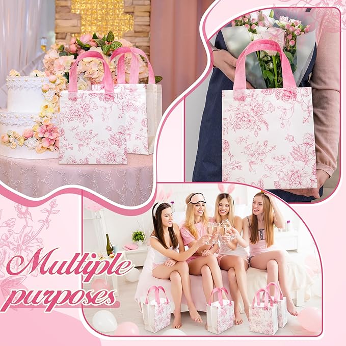 HunnmingRe 30 Pcs Pink Floral Gifts Bags Bridal Shower Party Favor Bags Bulk Wedding Welcome Non Woven Tote Handbags for Baby Shower Birthday Tea Fall Party Supplies