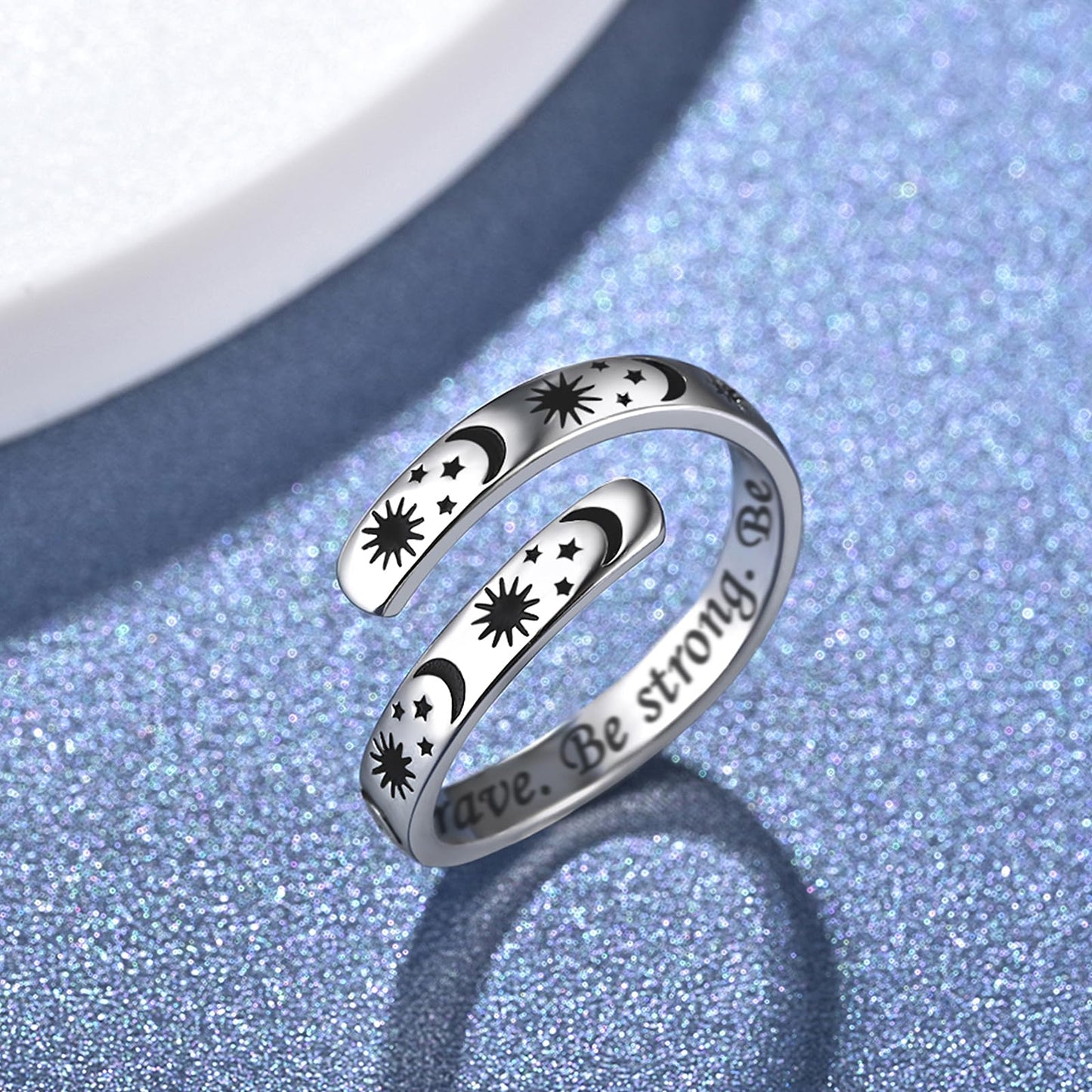 925 Sterling Silver Inspirational Jewelry Adjustable Wrap Open Ring Encouragement Gift for Women (Sun & Moon - Be brave. Be strong. Be bad*)