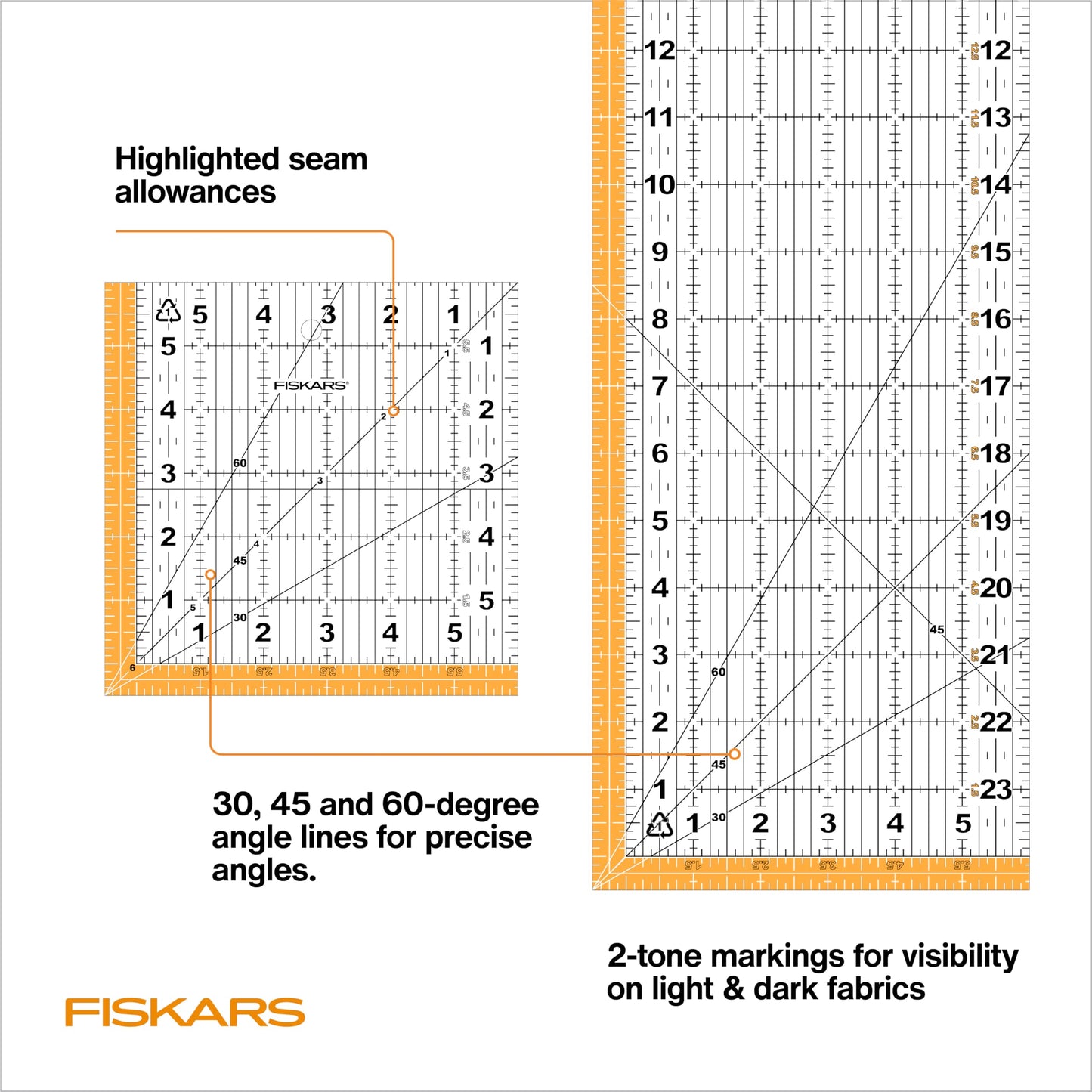 Fiskars 3-Piece Ruler & Connector Set, 6.5"x6.5" and 6.5"x24.5" Rulers, Precision Measuring Tool for Arts & Crafts, Easy Alignment & Cutting