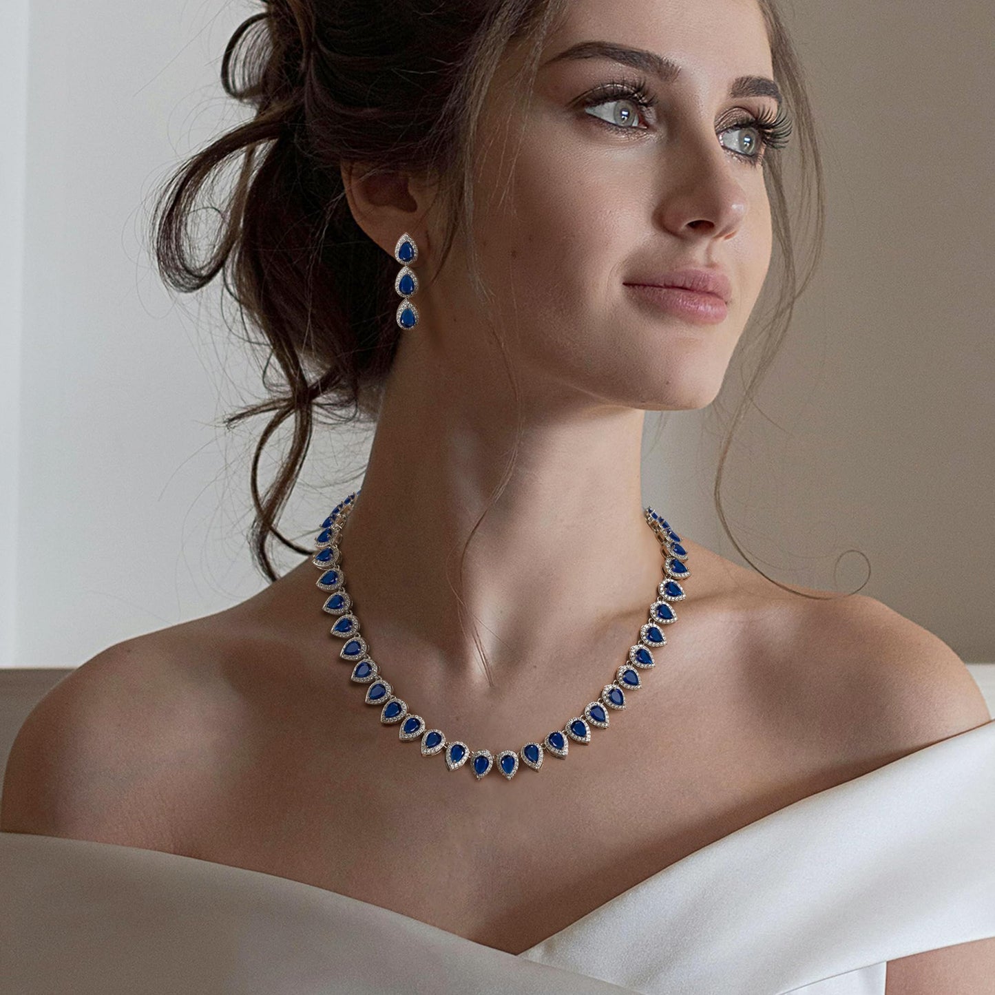EleQueen Women's Wedding Bridal Full Prong Cubic Zirconia Sapphire Teardrop Necklace Earrings Set for Brides Bridesmaids Blue-Silver-Plated-Brass