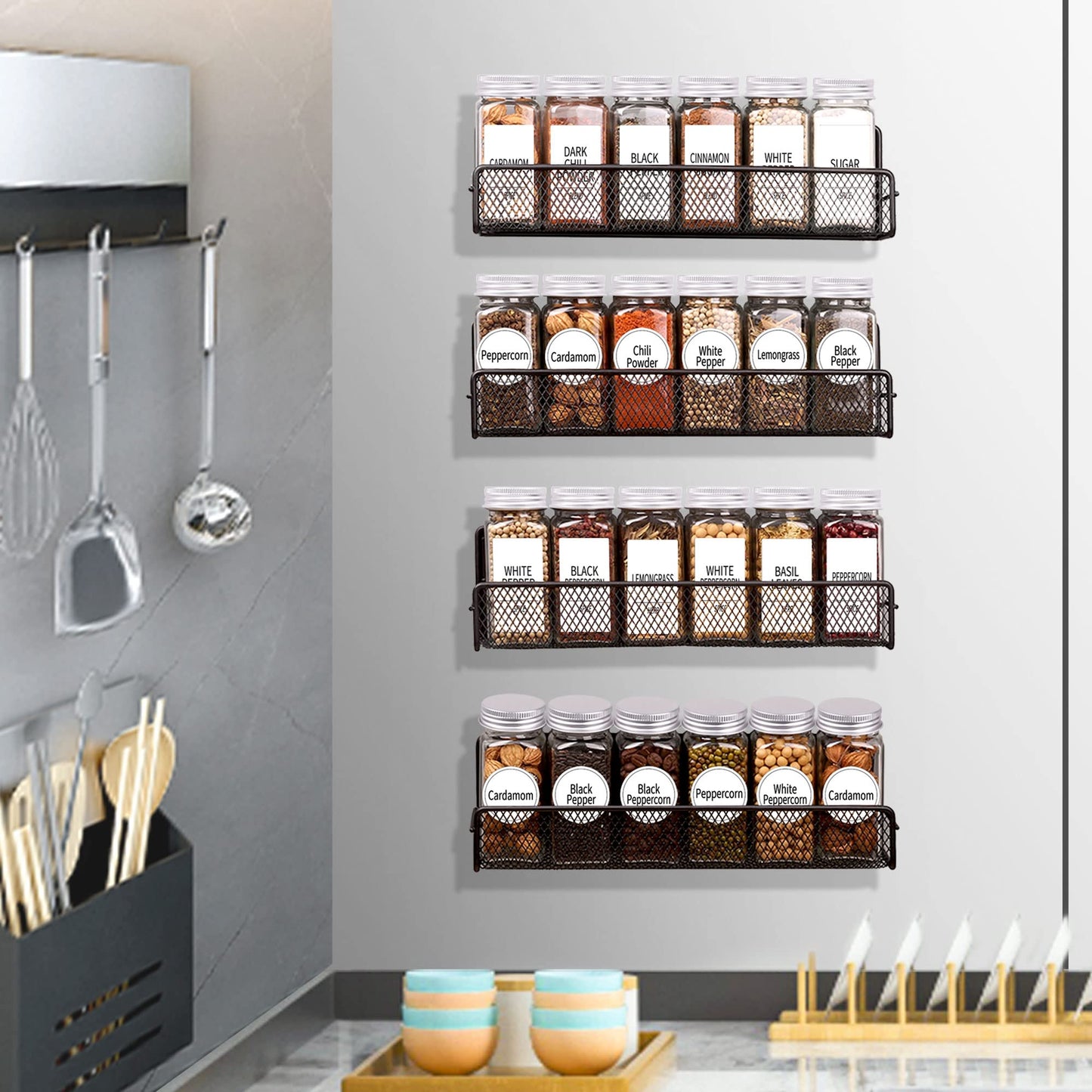 Churboro Magnetic Spice Rack for Refrigerator with Spice Jars- Includes 24 Pcs 4 OZ Seasoning Containers with Labels, 4 Space-Saving Magnetic Shelf for fridge- Perfect for Small Kitchens, Apartments