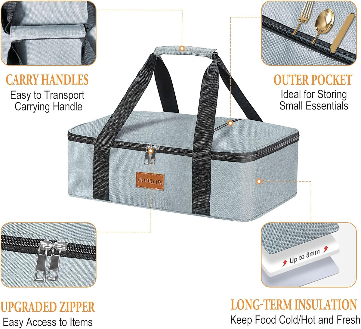 Insulated Casserole Carrier - Single Layer Design, Food Warmer Bag for Hot&Cold Food Travel, Fits 9x13 Casserole Dish, Leak-Proof, Durable Nylon, Zip Pockets, Grey
