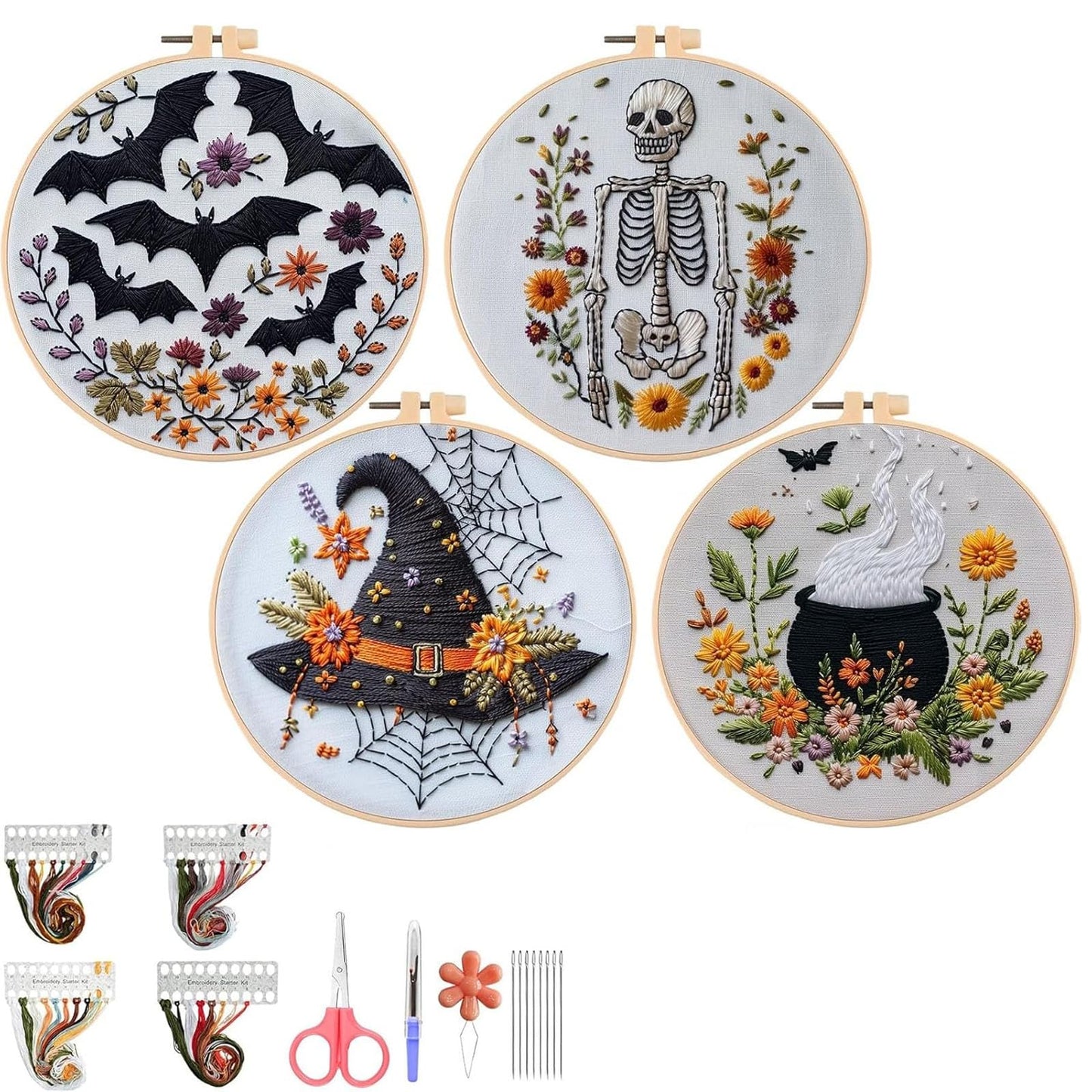 4 Set Halloween Embroidery Kit, Halloween Crafts for Adults, DIY Cross Stitch Craft Kit, with Needles and Thread Included (# A)