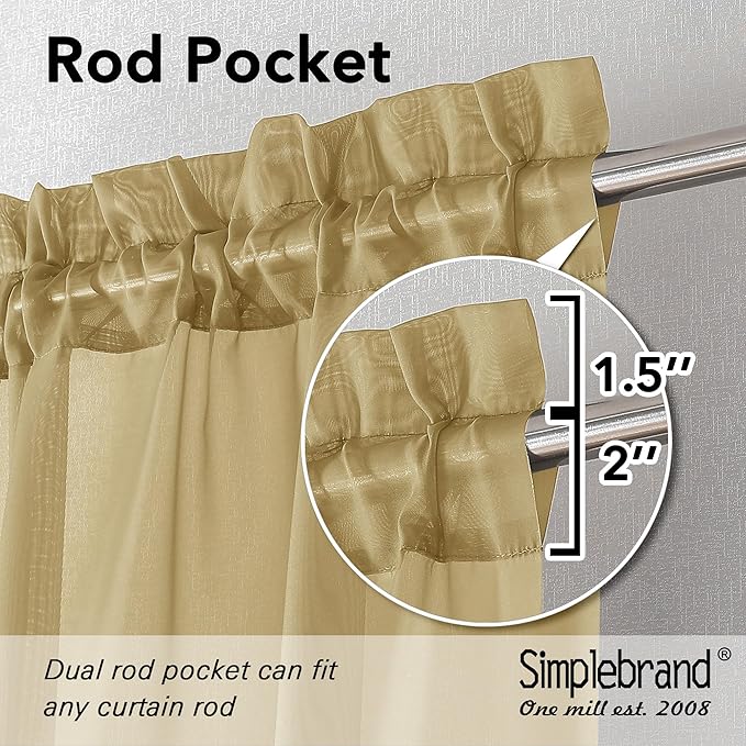 Simplebrand Gold Sheer Curtains 72 Inches Long 2 Panels for Living Room, Rod Pockets Airy Window Treatments Voile Sheer Curtains Panels Lightweight for Front Back Patio Glass Door, 42" Width