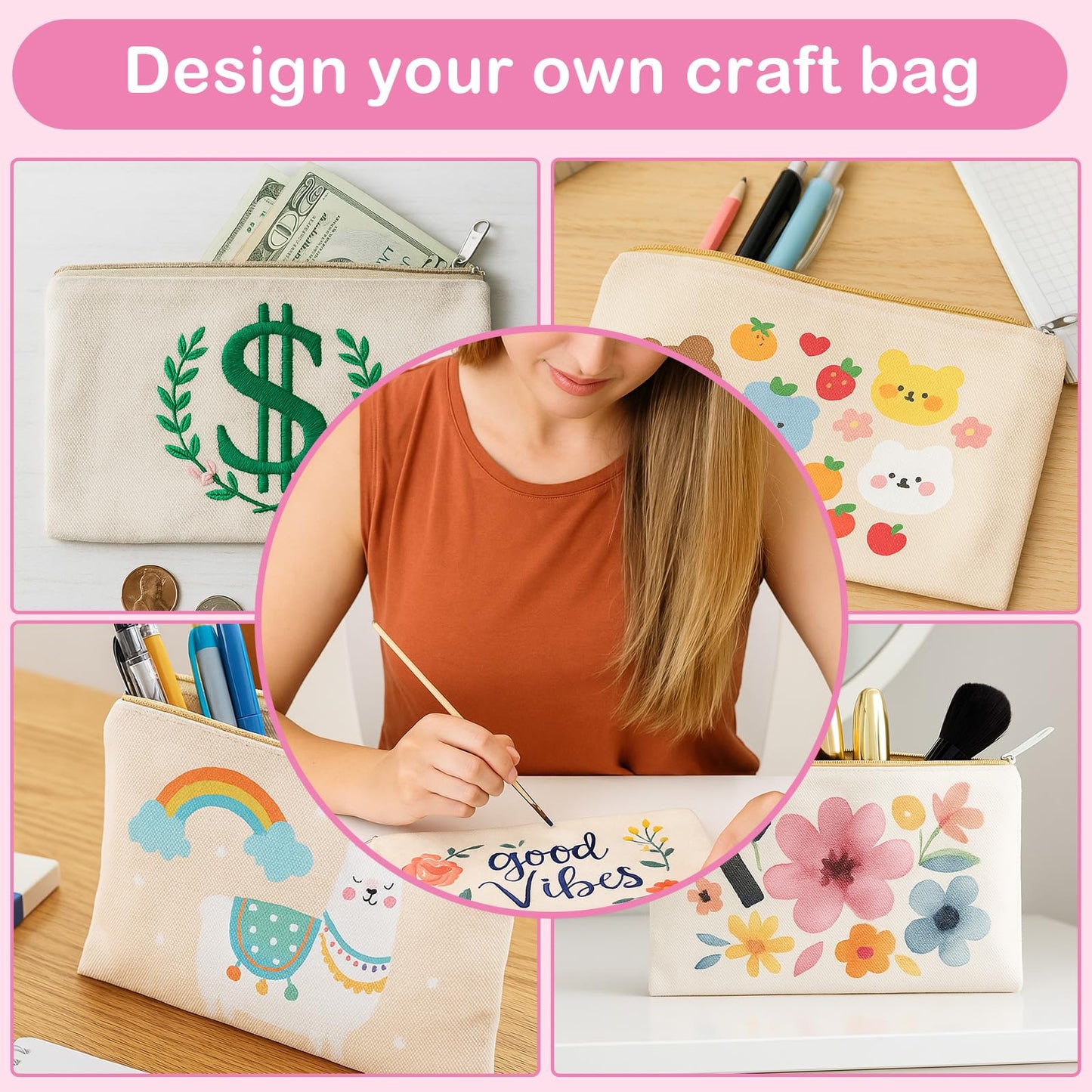 meekoo 16 Pack Blank Canvas Pouch Zipper Cosmetic Bag Bulk Plain Makeup Pouch Purse Sublimation DIY Craft Multipurpose Travel Toiletry Bag for Makeup Cosmetic Stationary Storage(S,Beige)