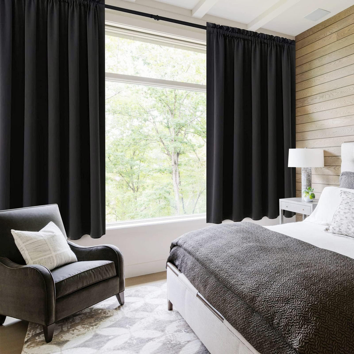 Wide Blackout Curtains for Bedroom Living Room 70 x 63 Inch Long Black (2 Count)