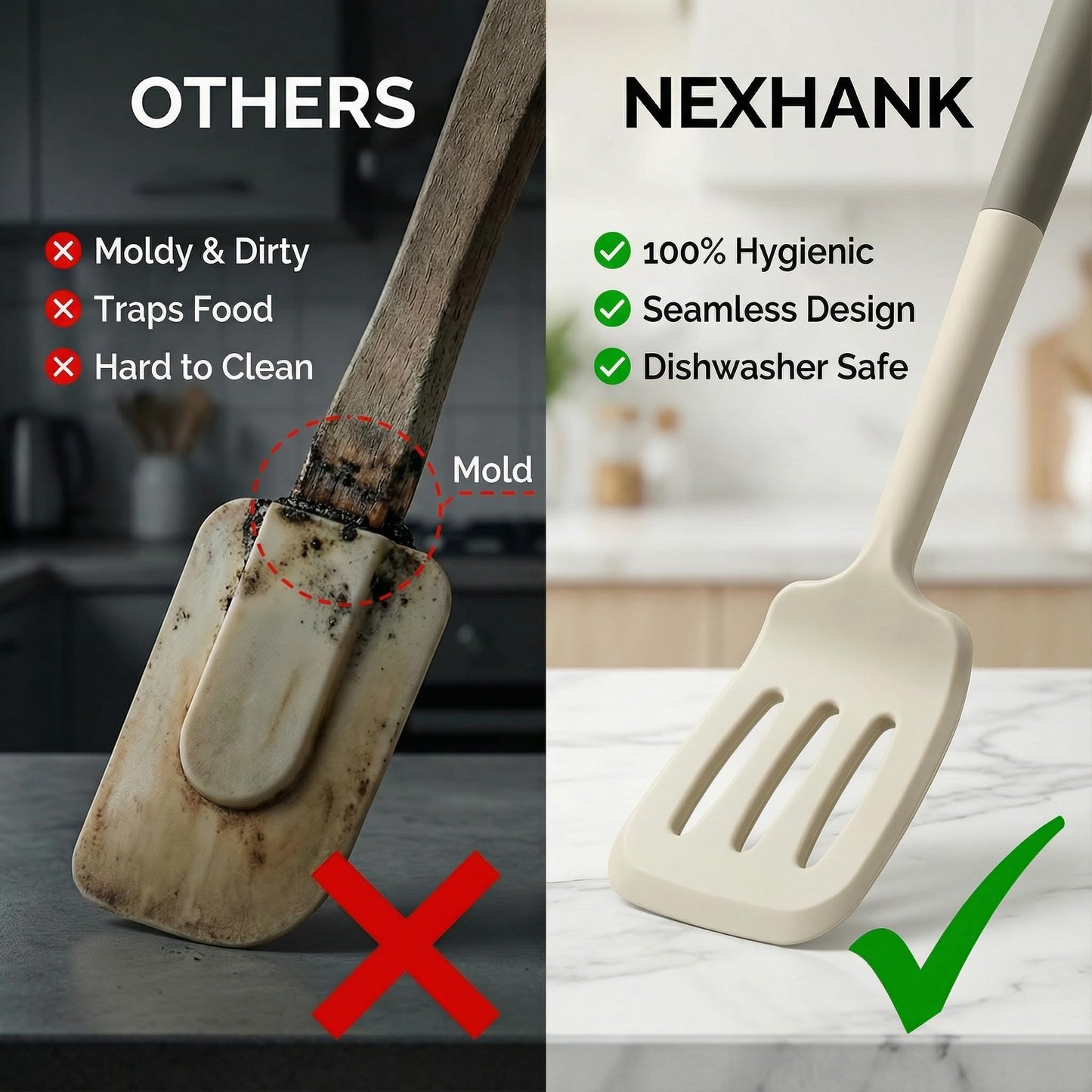 Nexhank Silicone Kitchen Utensils Set, 6-Piece NON-PLASTIC 500°F Heat-Resistant BPA-Free Dishwasher Safe Cooking Tools with Upgraded Spatula,Turner Ladle Skimmer Pasta Fork Scraper, Cream White &Mocha