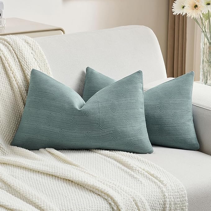 FUTEI Grey Blue Chenille Decorative Throw Pillow Covers 12x20 Inch Set of 2,Soft Cozy Striped Geometric Patterns Lumbar Pillow Cases,Modern Home Decor for Couch Bed Living Room