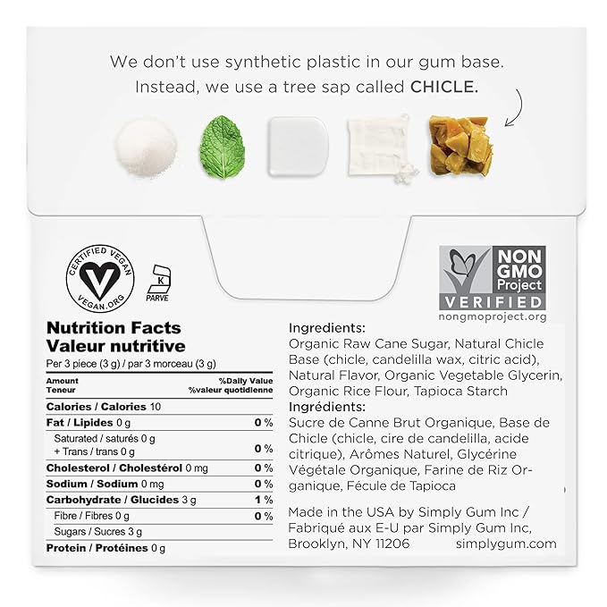 SIMPLY Gum Peppermint, Plastic-Free Natural Chewing Gum, 6 Pack (90 Pieces) | Vegan, Kosher, Non GMO, Aspartame Free and Sorbitol Free