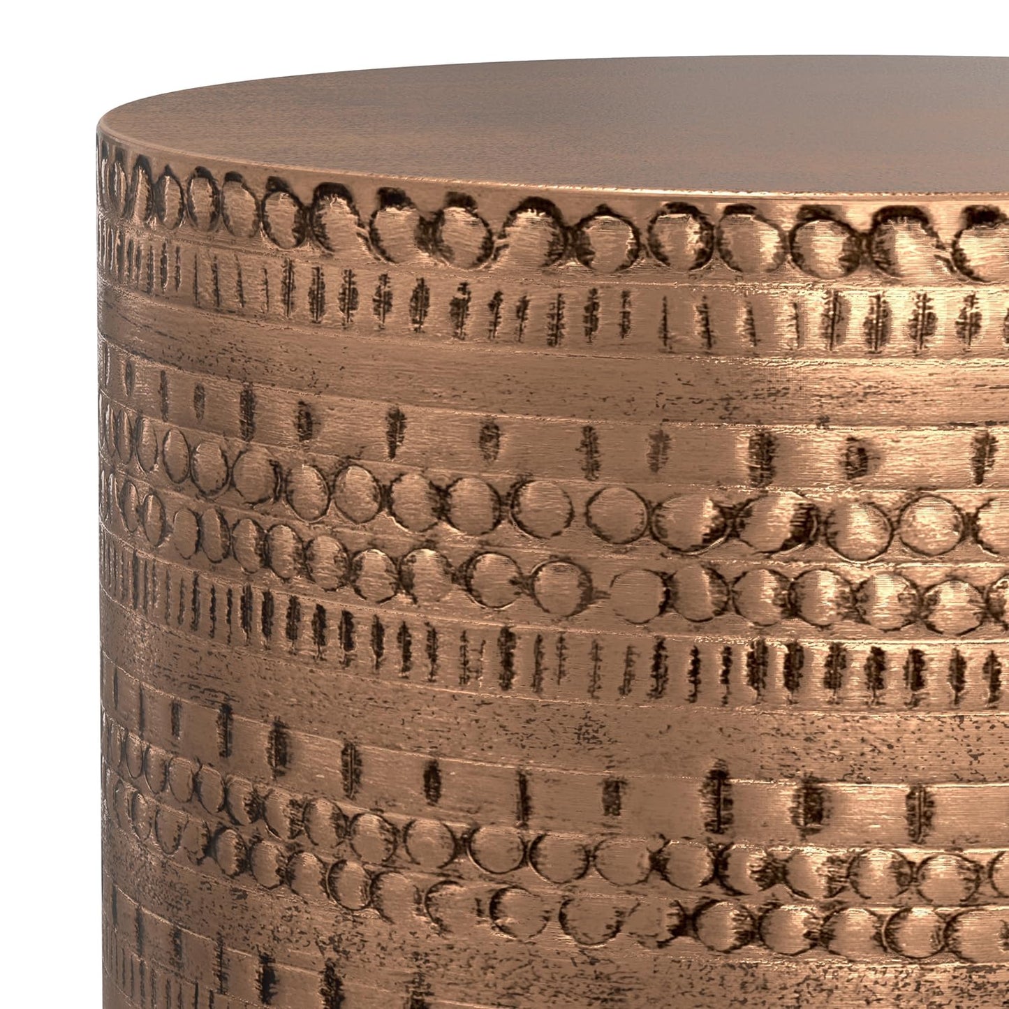 SIMPLIHOME Johnsen Metal Table - 15" Wide x 20" High Solid Iron Drum Accent Table in Antique Copper with Tribal Pattern, Round Boho End Table for Living Room, Bedroom, or Home Office, Fully Assembled