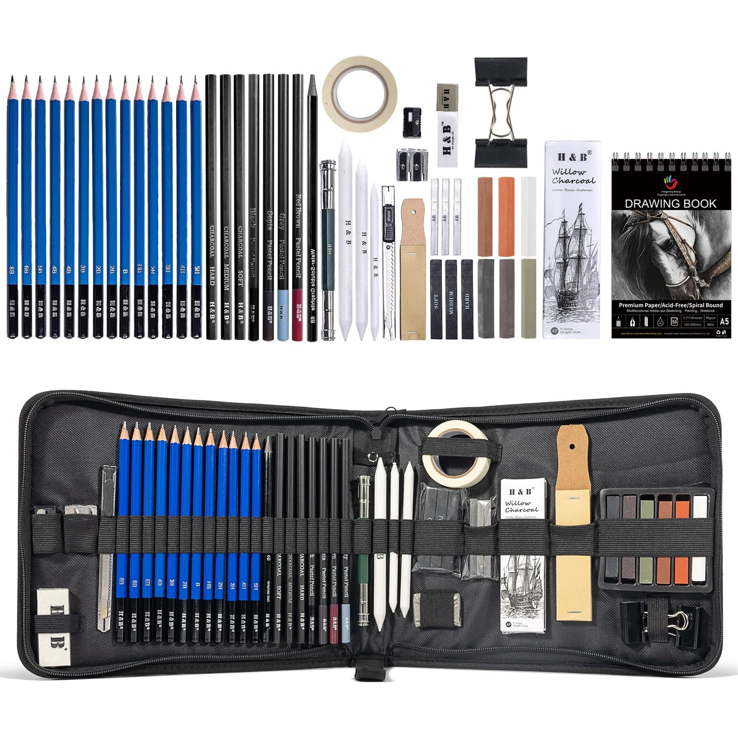 H & B 50 PCS Pro Drawing Set Sketching Kit, Art Kit with Drawing Pencils for Sketching, Graphite and Charcoal Pencils & Sketch Book Set, Art Supplies for Adults and Artists