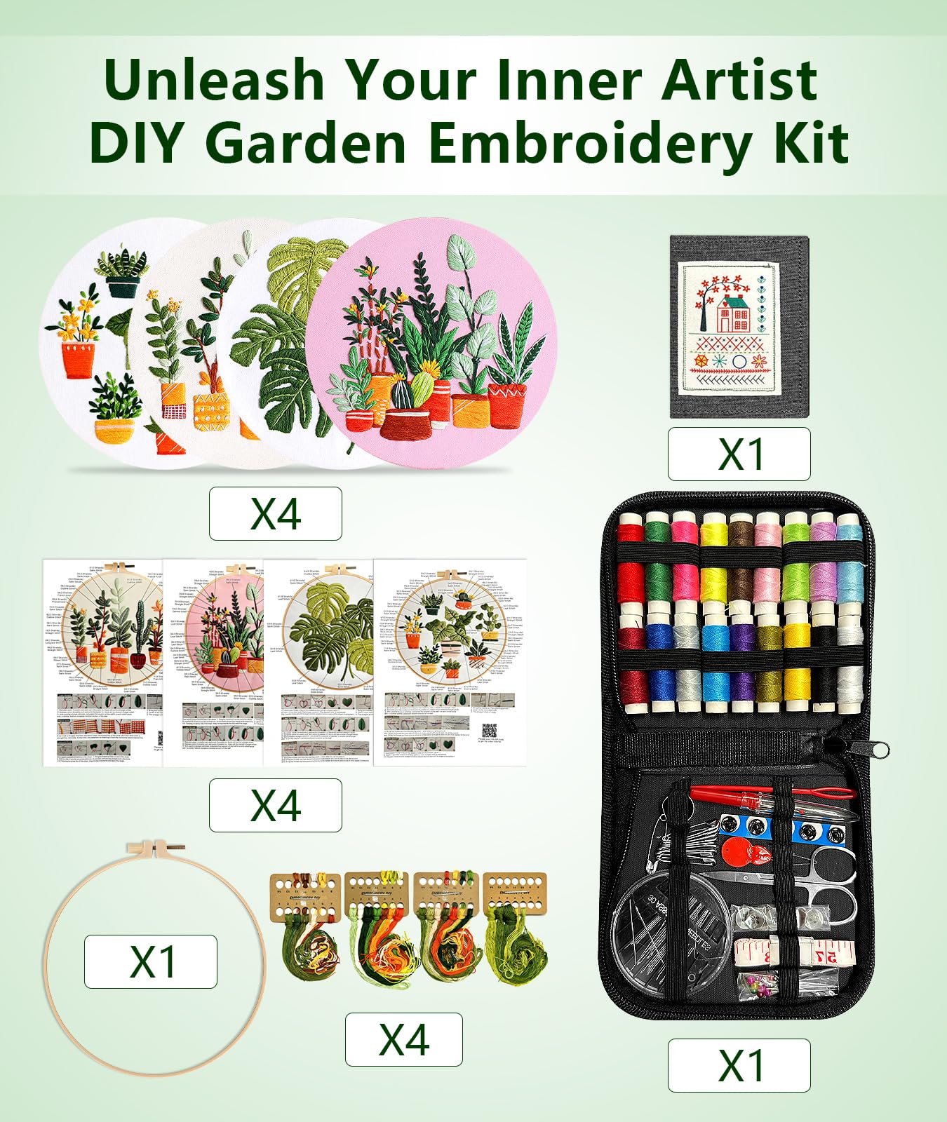 Irosiy 4 Pack Embroidery Kit for Beginners - 4 Cute Plant Pot Patterns, All-Inclusive Starter Set with Pre-Printed Canvas, Hoops - Handmade Home Decor Gift for DIY Craft Lovers