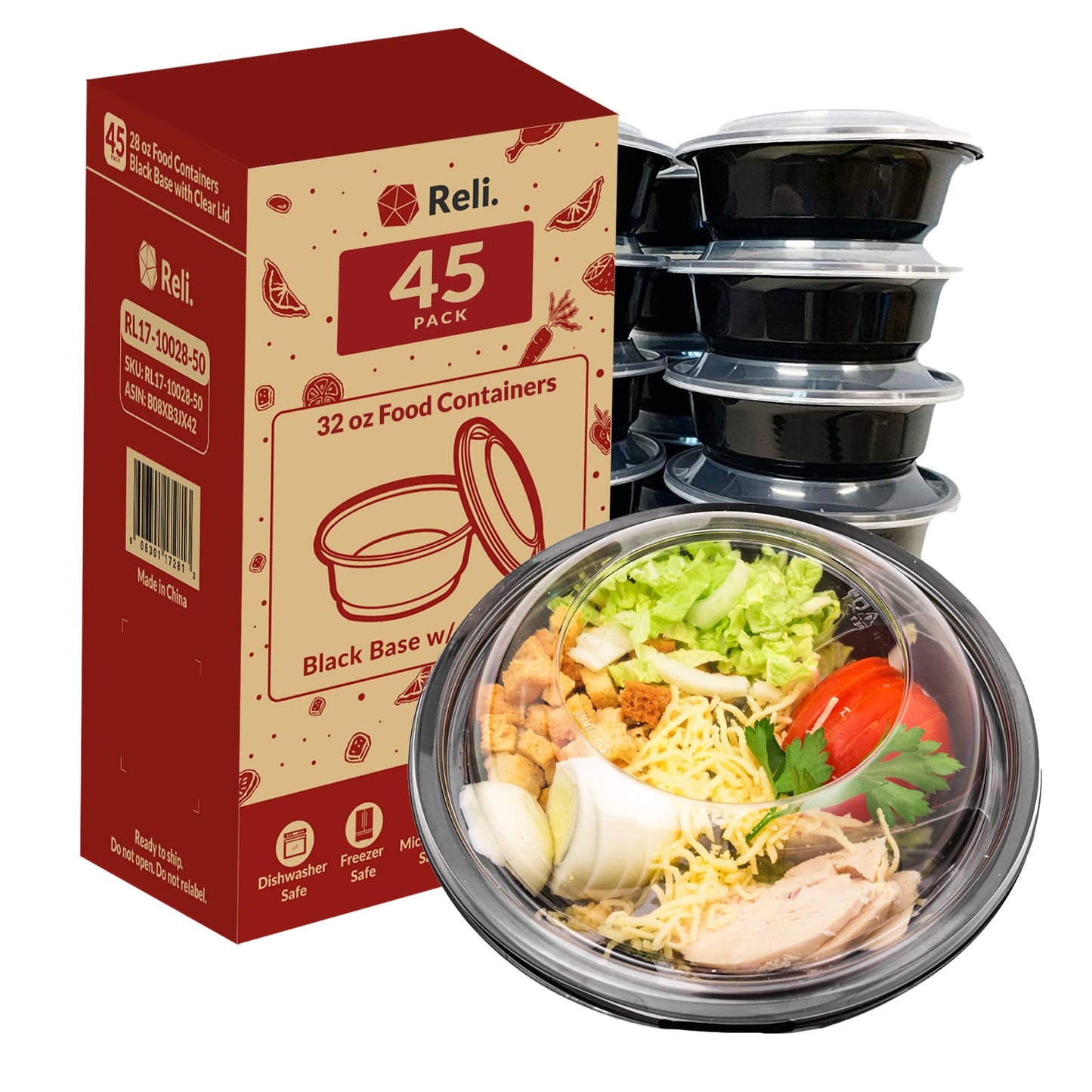Reli. Meal Prep Containers, 32 oz. | 45 Pack | Reusable Meal Prep Bowls/Food Containers | Microwavable Bowls with Airtight Lids, Black Food Storage