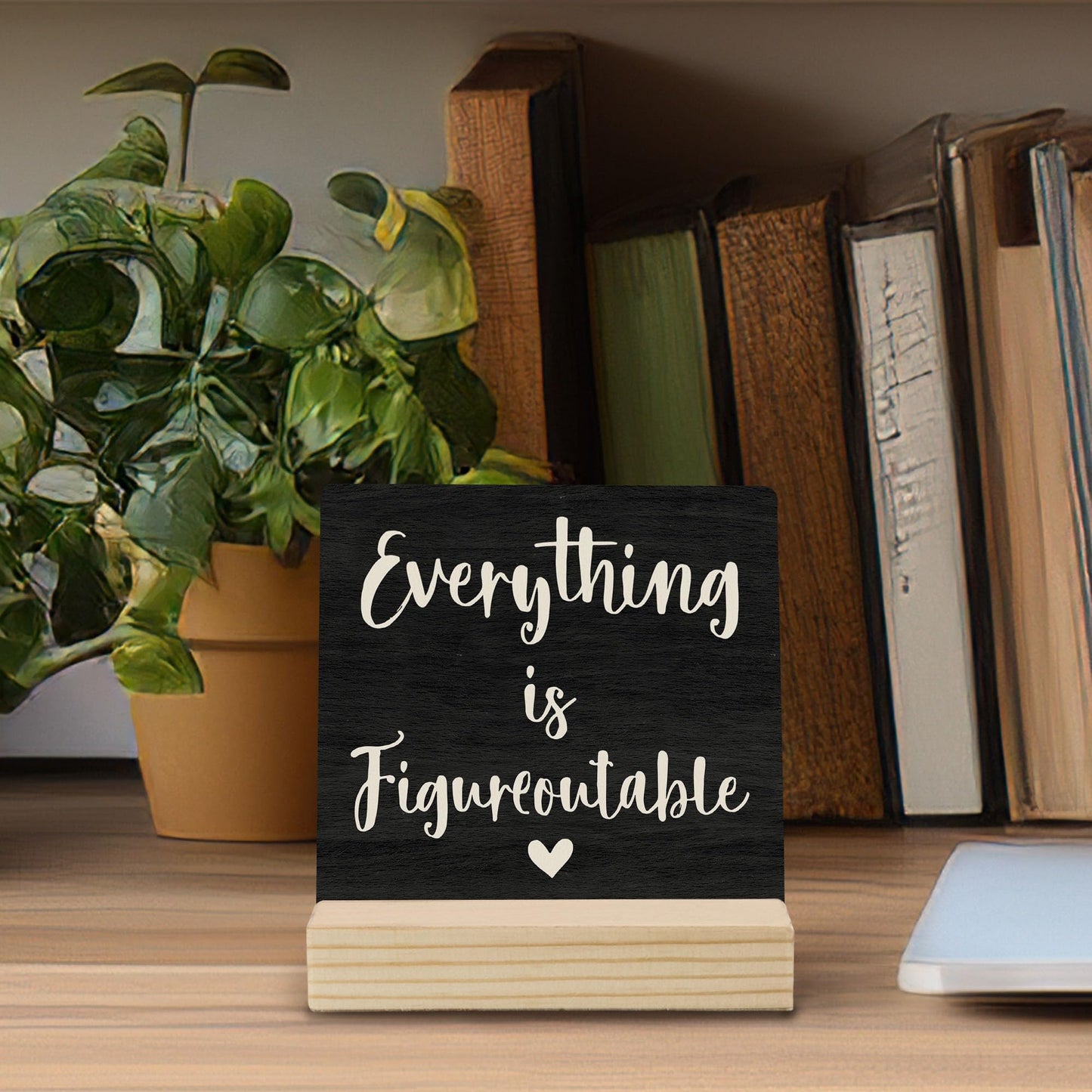Mfyossrll Inspirational Desk Decor, Everything Is Figureoutable Decorative Signs & Plaques, Motivational Desk Sign with Wooden Stand for Home Bedroom Office Classroom Shelf Table Decor