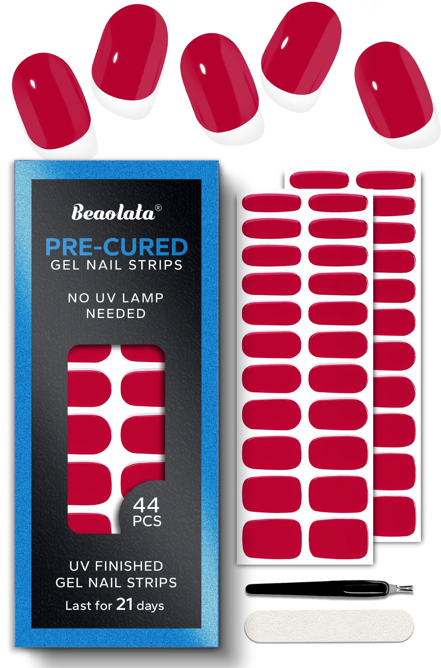 Beaolata Real Gel Nail Strips (No UV Light Needed) - 44Pcs Salon Quality Nail Stickers - Long Lasting Polish Wraps for Women, Easy Apply & Remove (Parisian Red