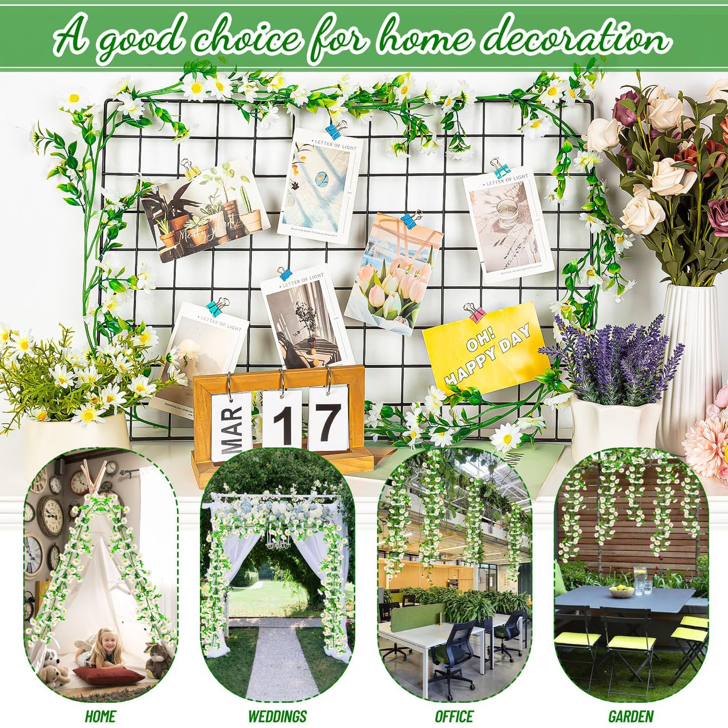 4 Pack Artificial Daisy Flowers Vine, 27.2 Ft Silky Artificial Garland with White Daisy and Vine Floral Garlands Decoration for Room Wall, Flower Themed Party, Wedding Supplies