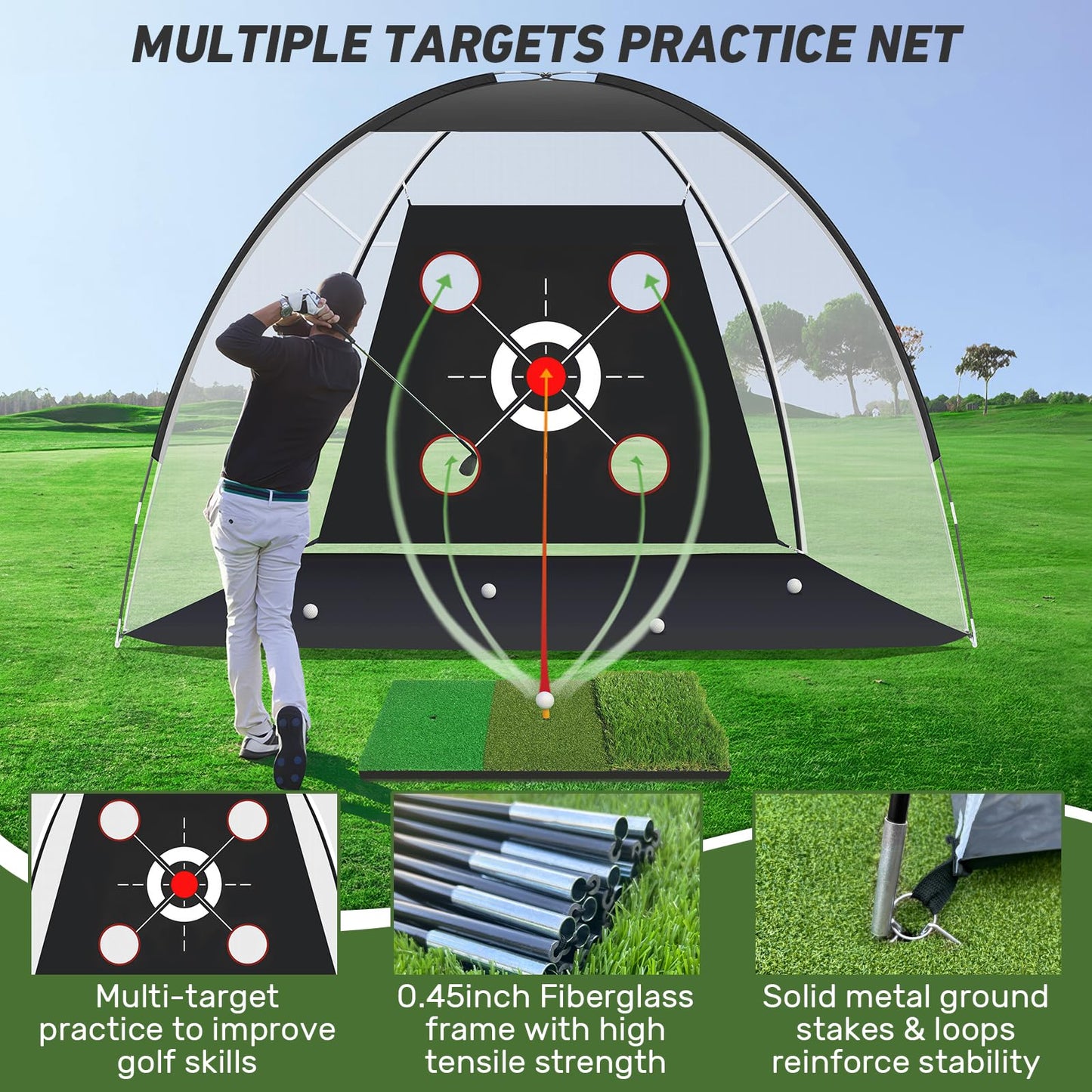 KLAODOT Golf Net with Practice Mat,Golf Hitting Aid Nets 10x7FT for Backyard Driving Chipping Training Swing with Target Mat Balls for Outdoor Indoor，Gifts for Men Dad Him and Golfer