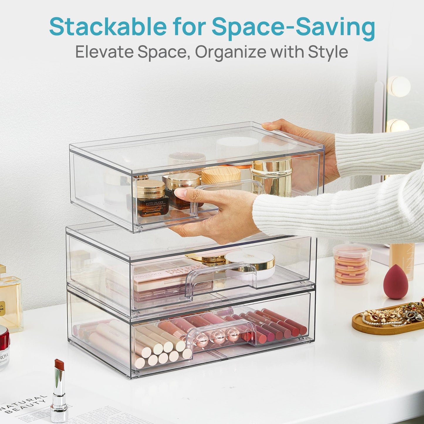 Vtopmart 12.1''W Clear Stackable Storage Drawers,2 Pack Acrylic Plastic Organizers Bins for Makeup Palettes, Cosmetics, and Beauty Supplies,Ideal for Vanity, Bathroom,Cabinet,Desk Organization