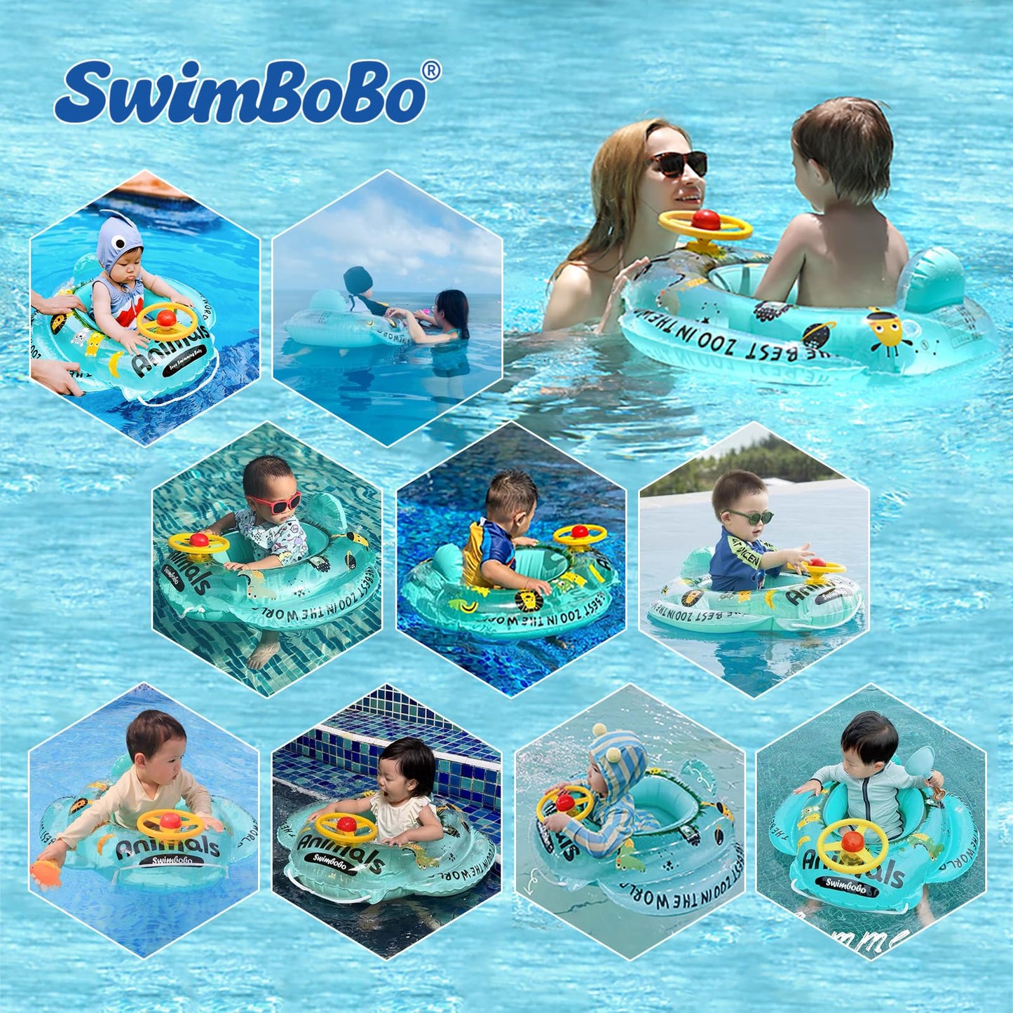 Swimbobo Toddler Pool Float with Seat Boat Inflatable Ride-on Airplane Baby Floatie for Kids Outdoor Toys(Green Animals)