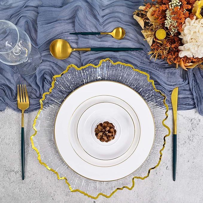 50Pcs Gold Charger Plates Round 13inch, Clear with Gold Rim, Reef Charger Plate for Dinner, Bulk Plastic Floral Table Charger Plates for Dinner Wedding Party Event