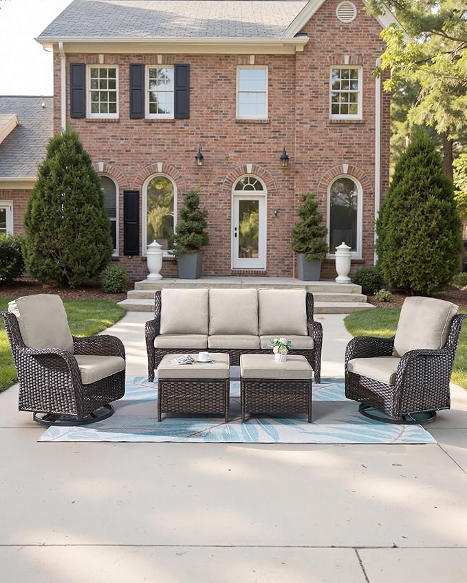 Pop 22x25/22x24 Outdoor Cushions for Patio 5 Piece Set - Set of 5 Water-Resistant Replacement Pillows for Rattan Dining Rocking Swivel Chairs Loveseat Couch Sectional Sofa - Beige/Classic