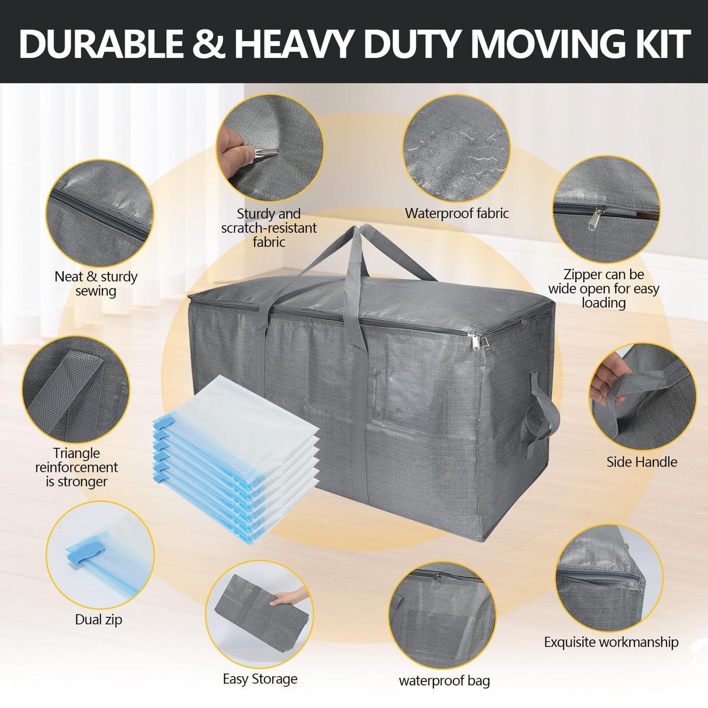 Extra Large Storage Bags Set Heavy Duty Moving Totes with Handles, Waterproof Dual-Way Carrying Design Fold Flat Storage Totes For Effortless Moving, (Gray, 12 Park-2 Moving bag & 10 Vacuum Seal Bags)