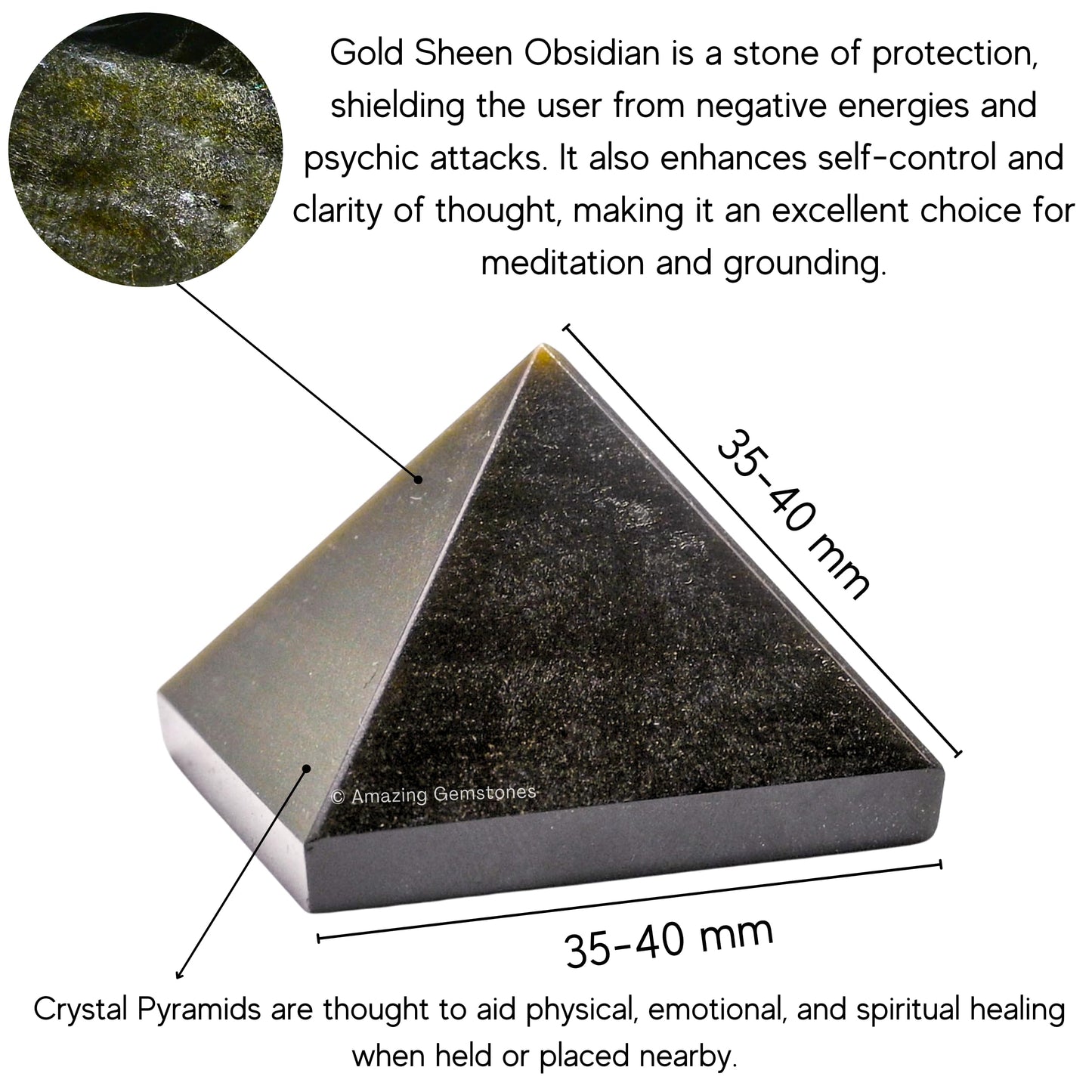 Amazing Gemstone Gold Sheen Obsidian Pyramid Crystal Healing Stones - 1.5" Great Pyramid Figurine of Natural Stone Pyramid for Meditation, Reiki, Chakra Balancing and Crystal Pyramids Grid