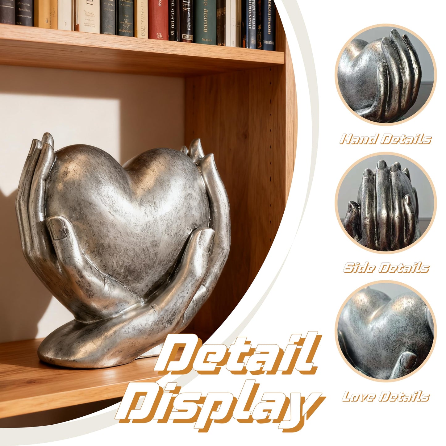 Silver Heart Hands Sculpture Love Centerpieces Aesthetic Statue and Sculpture Living Room Bedroom Bookshelf Coffe Table Boho Wedding Accents Decorations, Knick Knacks Home Decor for Shelves para