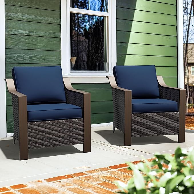 Outdoor Armchairs Set of 2, Patio Metal Wicker Conversation Furniture Set, Premium & Washable Cushions, Durable PE Rattan, Metal Armrests with Wood Grain, Backyard (Navy Blue)