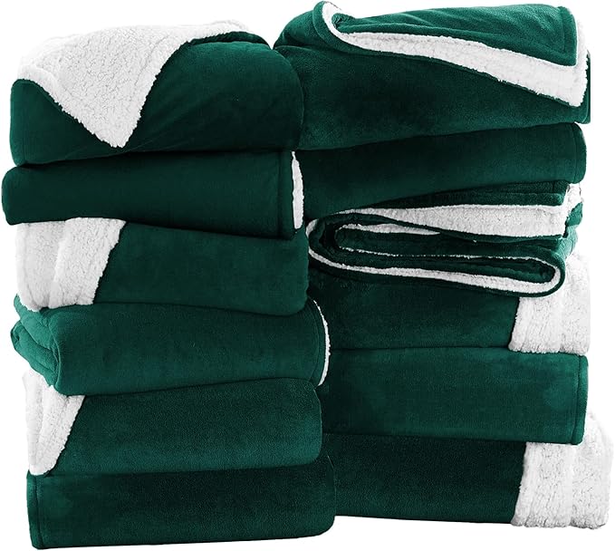 IR Imperial Rooms Emerald Green Sherpa Fleece Throw Blanket Twin Size for Bed - Wholesale Bulk Pack of 12 Sherpa Blankets - Soft Fluffy Throw Blankets for Hotels, Guest Bedroom, 60x80 Inches
