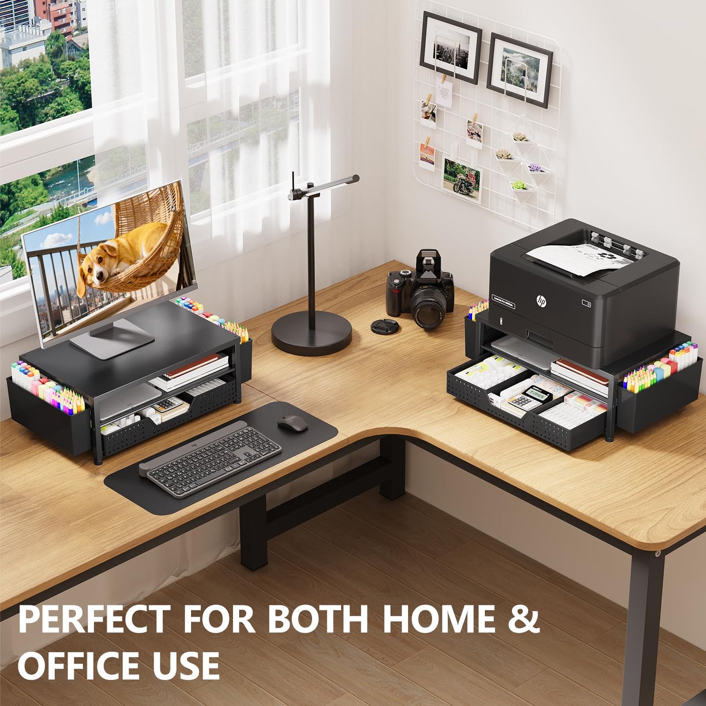 OPNICE Desk Organizers and Accessories, Computer Monitor Stand Riser with Drawer and 2 Pen Holders, Laptop Stand, Office Desk Accessories & Workspace Organizers for Home Office Supplies, Black