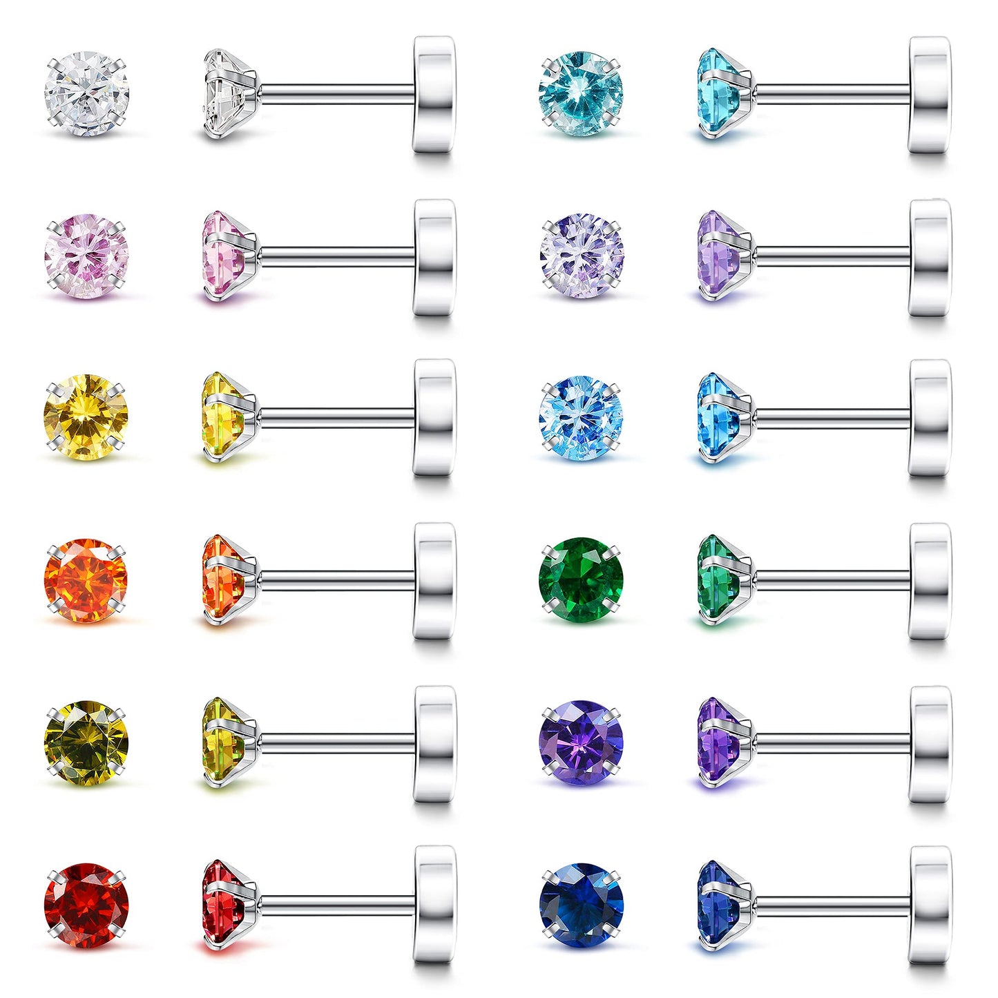 Fansilver 20G Hypoallergenic Flat Back Earrings for Women Men Silver 14K Gold Stainless Steel Stud Earrings Brithstone Cubic Zirconia Studs Surgical Steel Cartilage Earrings for Sensitive Ears