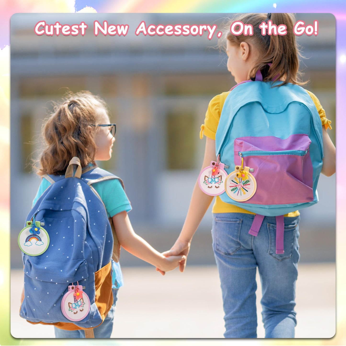 Pllieay 6PCS Embroidery Kit for Kids, Needlepoint Kits for Beginners with Pre-Printed Pattern, 6Pcs Hoop, Threads, Keychains and Instructions, Kids Cross Stitch Kits Supplies for Crafting