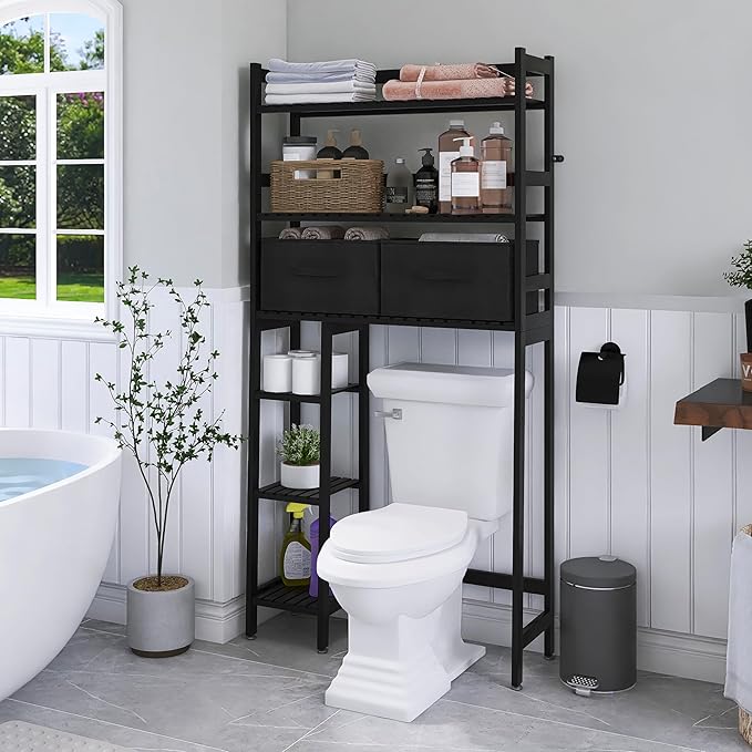 SMIBUY Over-The-Toilet Storage Rack, 6-Tier Bamboo Large Bathroom Organizer with Side Shelves and 2 Drawers, Stable Freestanding Space Saver for Bathroom, Laundry Room(Black)