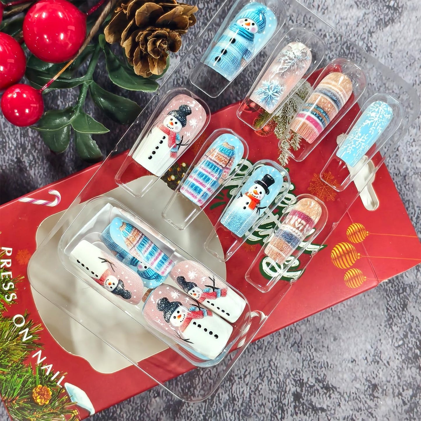 CJDLTS Christmas Press on Nails Long Artificial Square Acrylic False Nails 3D Relief Snowflake Snowman with Plaid Stripe Stick on Nail Full Cover Artificial Fingernails for Women Festival Manicure