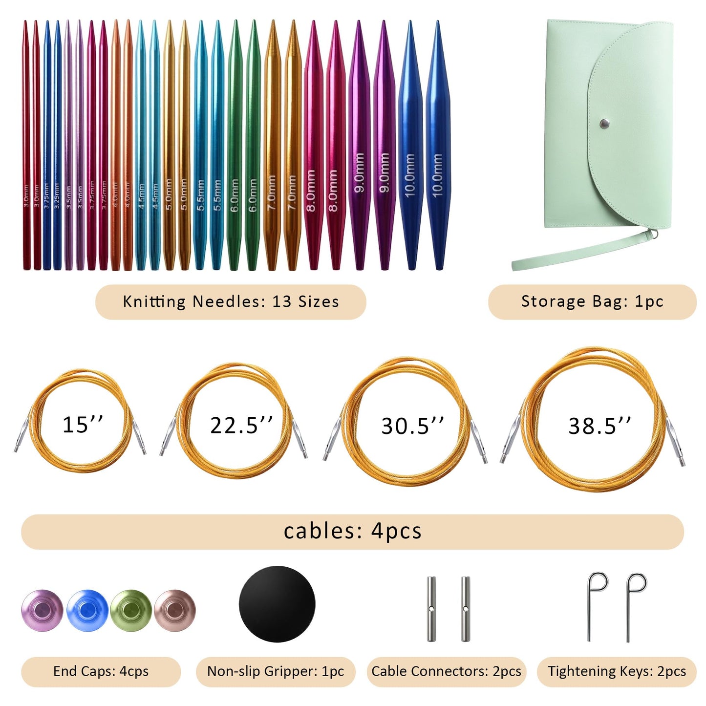 Astrumify 3.94-Inch(10cm) Interchangeable Circular Knitting Needles Set 13 Pairs(3mm-10mm) of Premium Aluminum Needles & Accessories