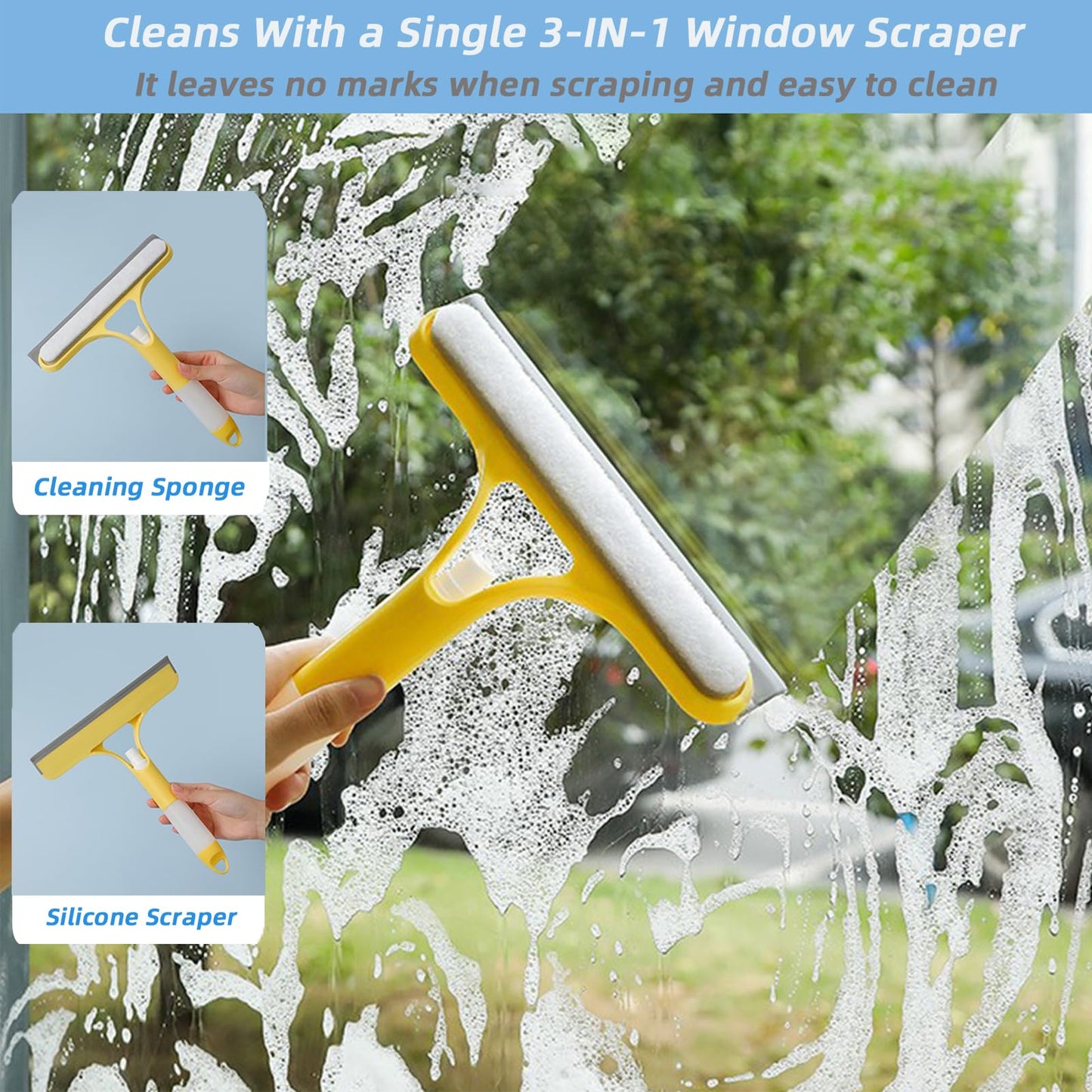 3 in 1 Window Squeegee, Cleaning Scraper with Scrubber Sponge Sprayer Clean Kit for Glass, Tile Walls, Shower Door, Car, Bathroom Cleaner (White)