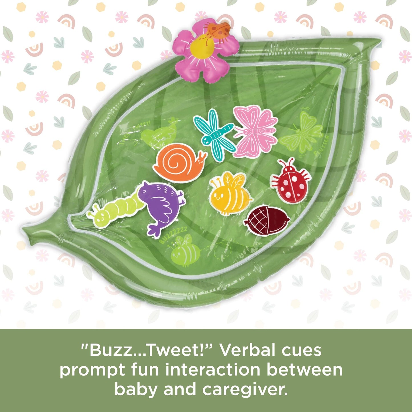 MindWare Sensory Sprouts Baby Water Mat, Inflatable Leaf-Shaped Tummy Time Play Mat with Floating Bugs for Sensory Play, Visual Tracking and Neck Strength Development for Babies 6 Months and Up