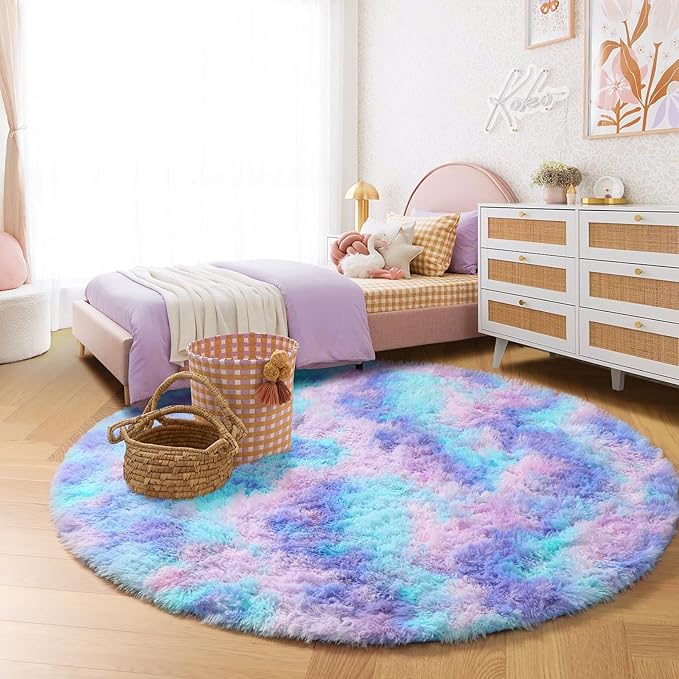 Amdrebio Purple Rainbow Round Rug 5Ft for Bedroom Girls Room Decor, Mermaid Stitch Frozen Kids Rugs for Playroom Nursery Dorm, Fluffy Fuzzy Cute Shag Carpet, Kawaii Circle Area Rugs for Baby Toddler