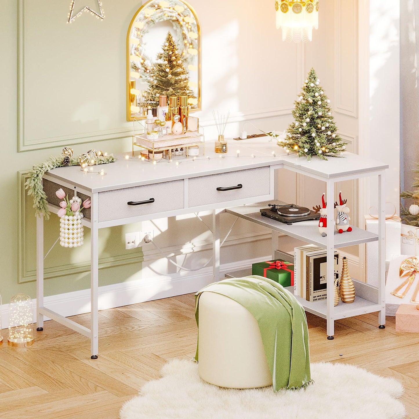 Coleshome 40 Inch L Shaped Computer Desk with 2 Drawers, Small Desk for Small Space, Home Office Table for Laptop Users, White