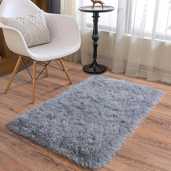 Soft Runner Rugs for Bedroom Hallways, 2x3 Grey Fluffy Shag Throw Area Rug Non Slip for Bedside Dorm, Long Shaggy Furry Carpet for Nursery Living Room